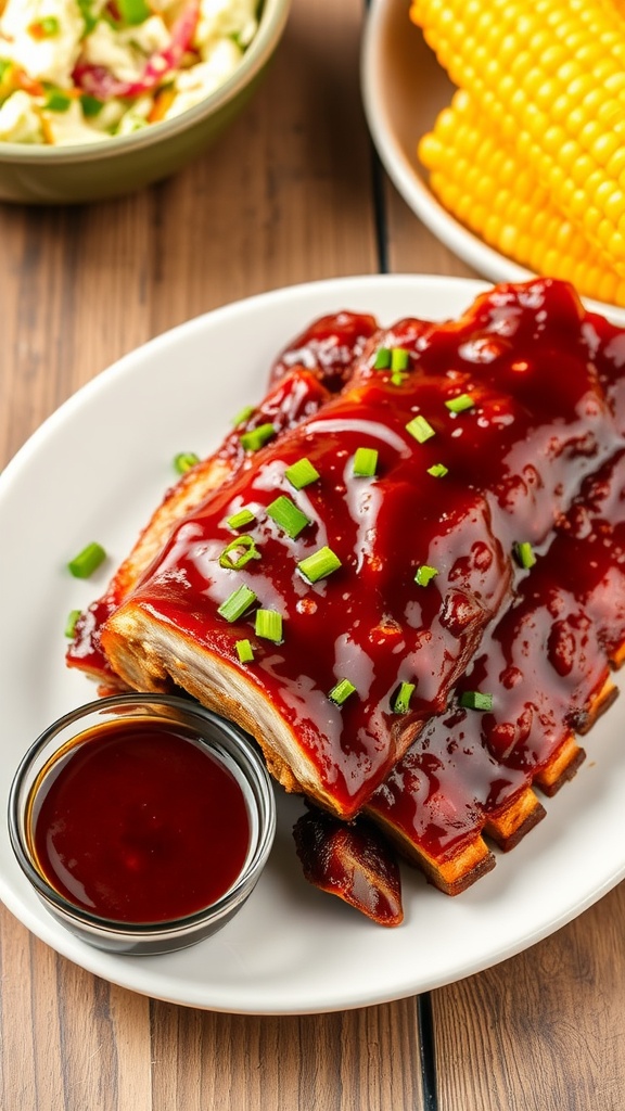 Juicy Air Fryer BBQ Ribs Recipe A serving of BBQ ribs on a plate with sauce, coleslaw, and corn on the cob.